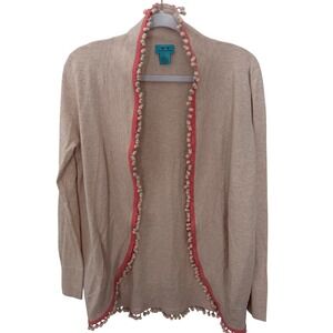 Two Bees Cashmere Cardigan Sweater Tan Beige Open Front Pom-Pom Trim Size Large
